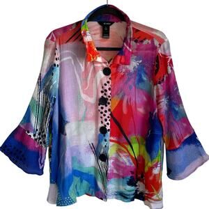 Ali Miles Colorful Abstract Print Artsy Top Pockets Button Front 3/4 Bell Sleeve